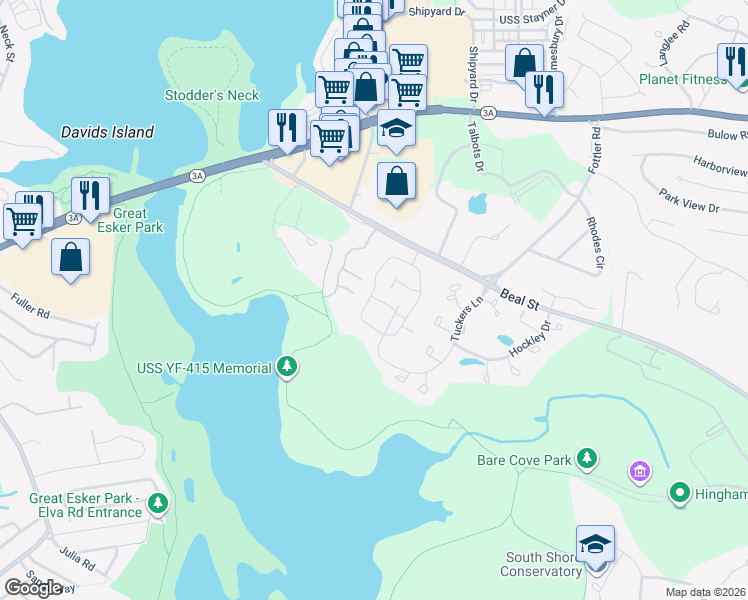 map of restaurants, bars, coffee shops, grocery stores, and more near 4 Beal's Cove Road in Hingham