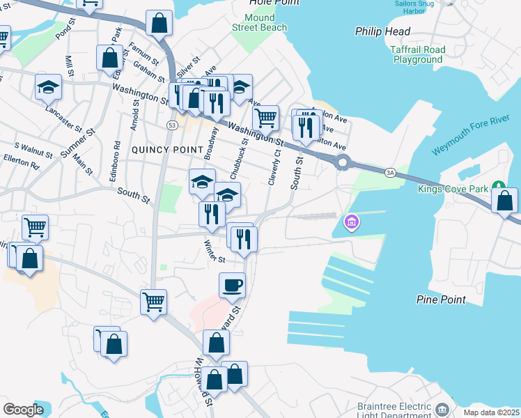 map of restaurants, bars, coffee shops, grocery stores, and more near 516 South Street in Quincy