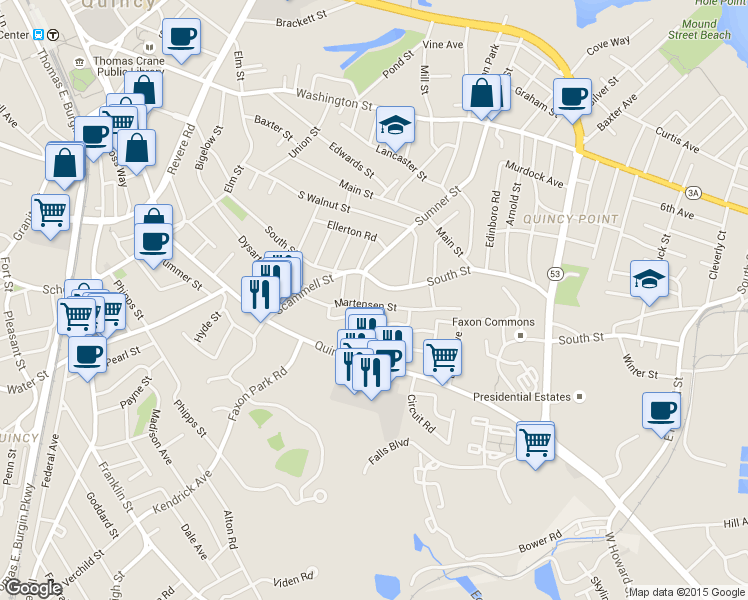 map of restaurants, bars, coffee shops, grocery stores, and more near 59 Martensen Street in Quincy