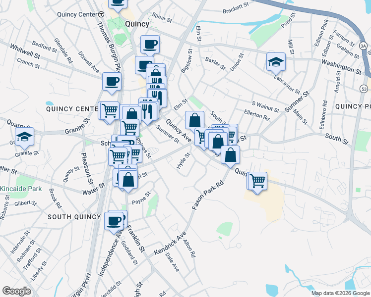 map of restaurants, bars, coffee shops, grocery stores, and more near 11 Hyde Street in Quincy