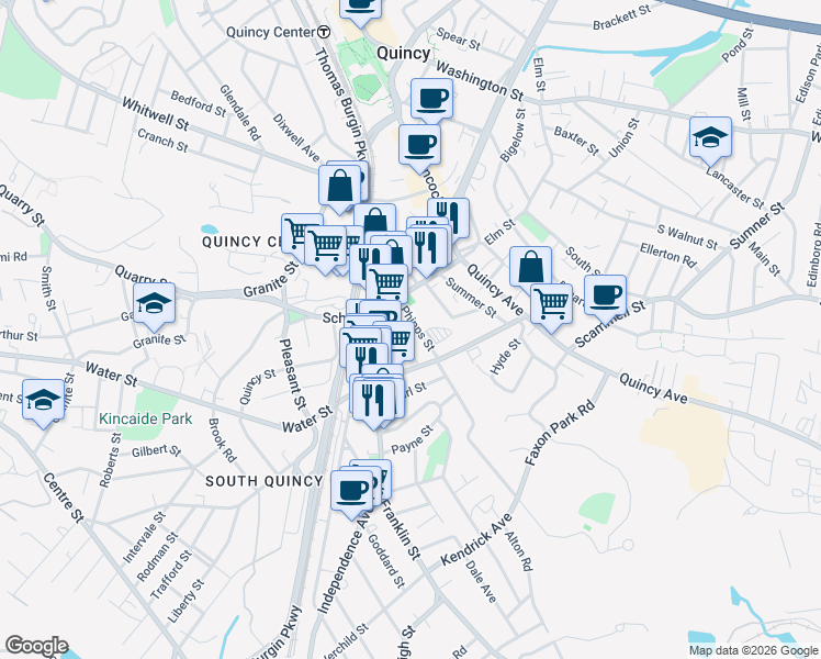 map of restaurants, bars, coffee shops, grocery stores, and more near 2 Hammond Court in Quincy