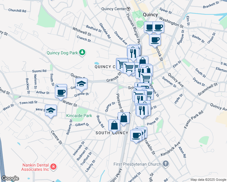 map of restaurants, bars, coffee shops, grocery stores, and more near 36 Pleasant Street in Quincy