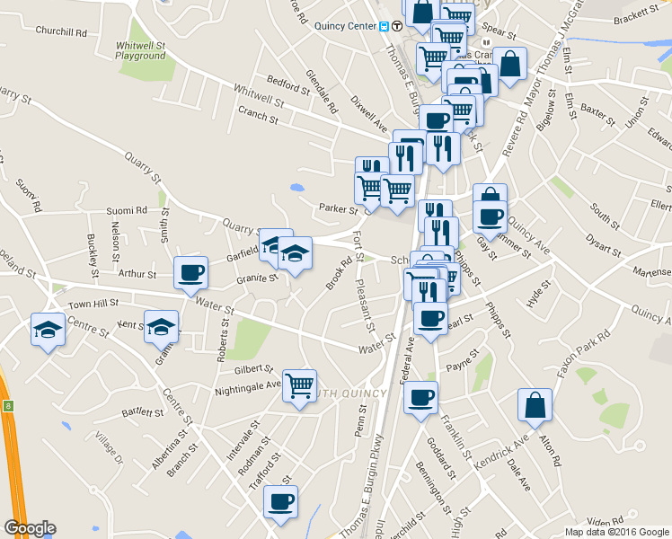 map of restaurants, bars, coffee shops, grocery stores, and more near 43 Brook Road in Quincy