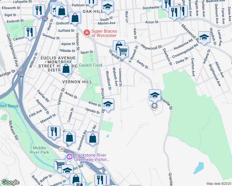 map of restaurants, bars, coffee shops, grocery stores, and more near 197 Koping Street in Worcester