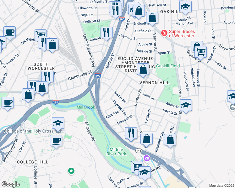 map of restaurants, bars, coffee shops, grocery stores, and more near 3 Raymond Street in Worcester