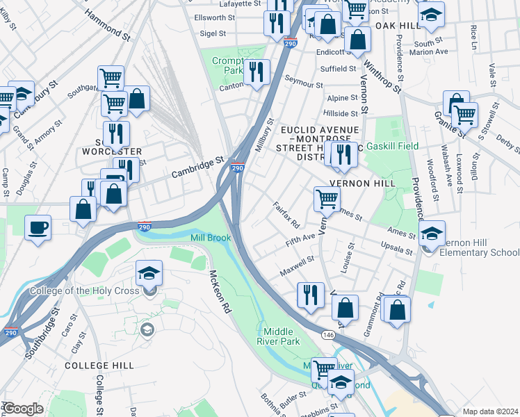 map of restaurants, bars, coffee shops, grocery stores, and more near 3 Raymond Street in Worcester