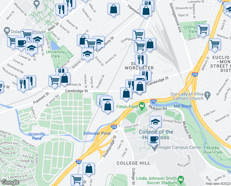 map of restaurants, bars, coffee shops, grocery stores, and more near 12 Cheever Street in Worcester