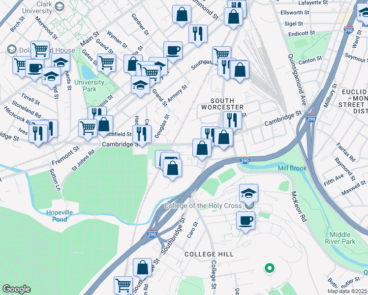map of restaurants, bars, coffee shops, grocery stores, and more near 12 Cheever Street in Worcester