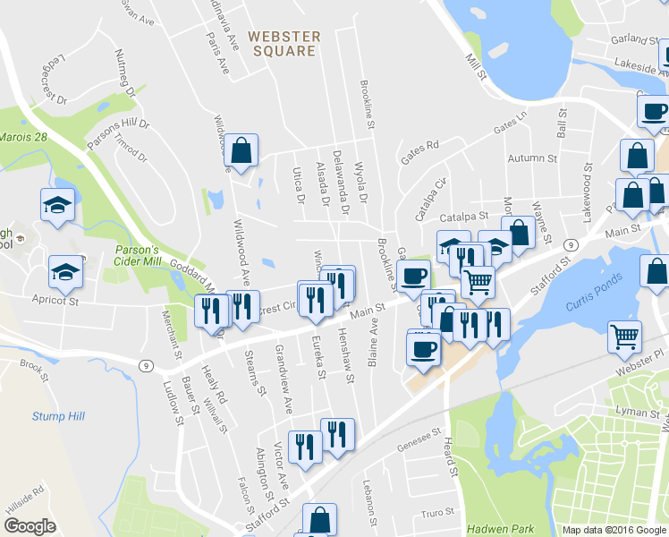 map of restaurants, bars, coffee shops, grocery stores, and more near 27 Sylvan Street in Worcester