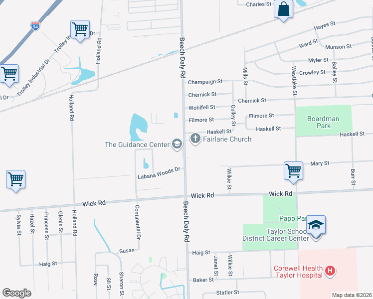 map of restaurants, bars, coffee shops, grocery stores, and more near 8885 Beech Daly Road in Taylor