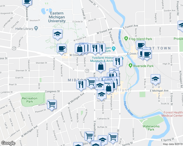 map of restaurants, bars, coffee shops, grocery stores, and more near 112 North Hamilton Street in Ypsilanti