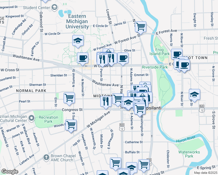 map of restaurants, bars, coffee shops, grocery stores, and more near 118 Ballard Street in Ypsilanti
