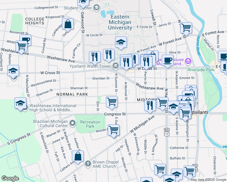 map of restaurants, bars, coffee shops, grocery stores, and more near 117 North Summit Street in Ypsilanti