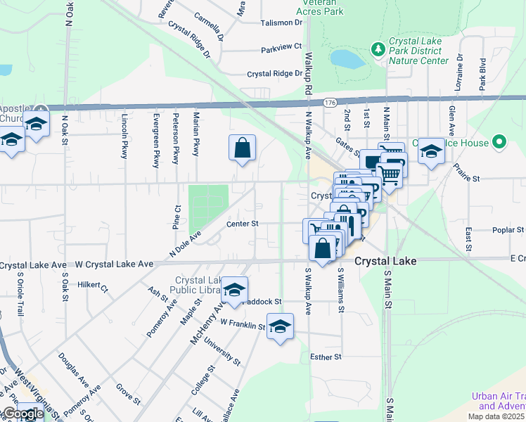 map of restaurants, bars, coffee shops, grocery stores, and more near 70 North Caroline Street in Crystal Lake