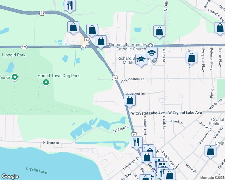 map of restaurants, bars, coffee shops, grocery stores, and more near 100 North Virginia Street in Crystal Lake