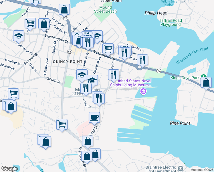 map of restaurants, bars, coffee shops, grocery stores, and more near 516 South Street in Quincy