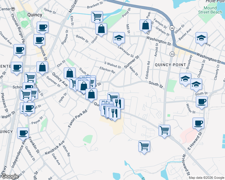 map of restaurants, bars, coffee shops, grocery stores, and more near 59 Martensen Street in Quincy