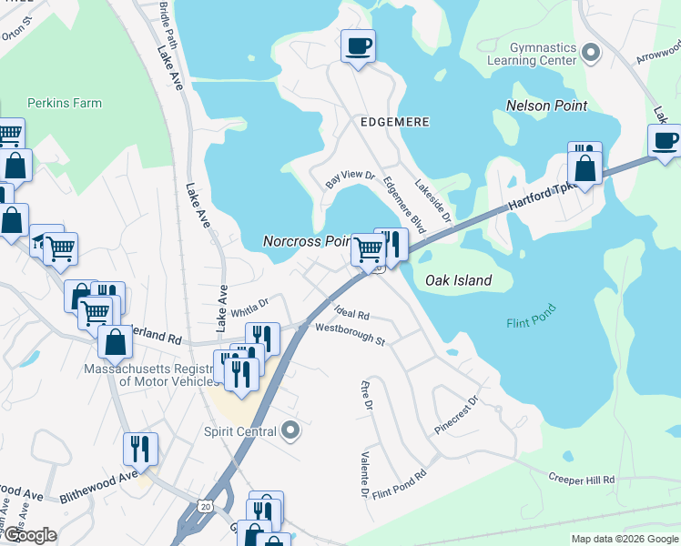 map of restaurants, bars, coffee shops, grocery stores, and more near 634 Sunderland Road in Worcester