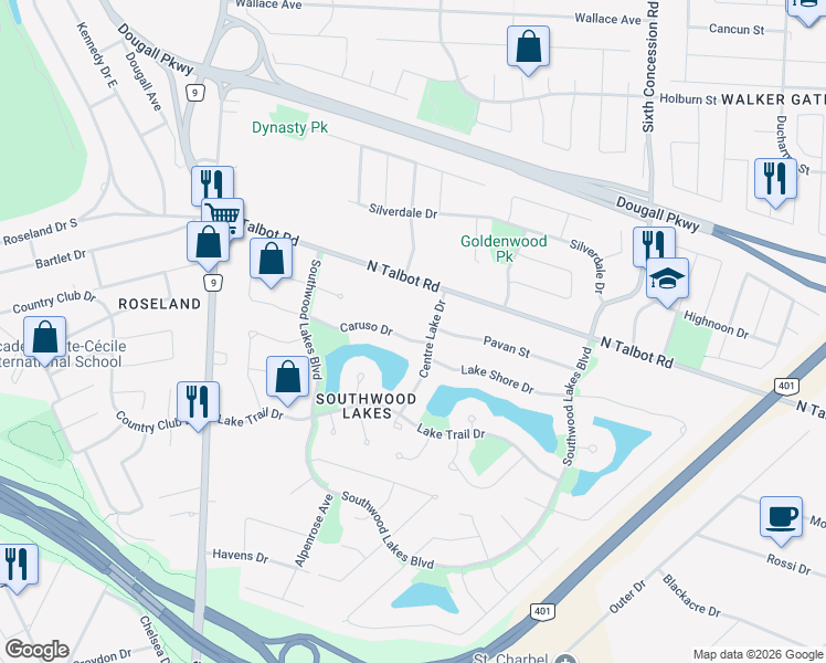 map of restaurants, bars, coffee shops, grocery stores, and more near 780 Caruso Drive in Windsor