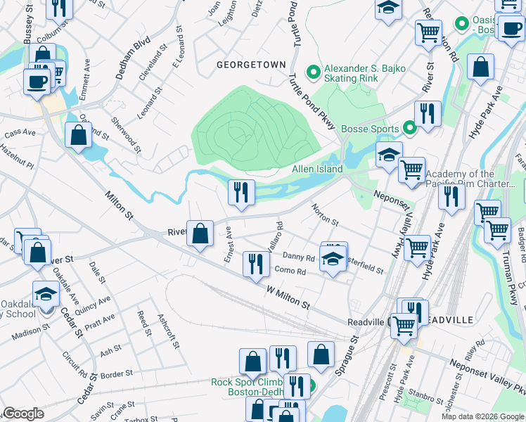 map of restaurants, bars, coffee shops, grocery stores, and more near 1859 River Street in Boston