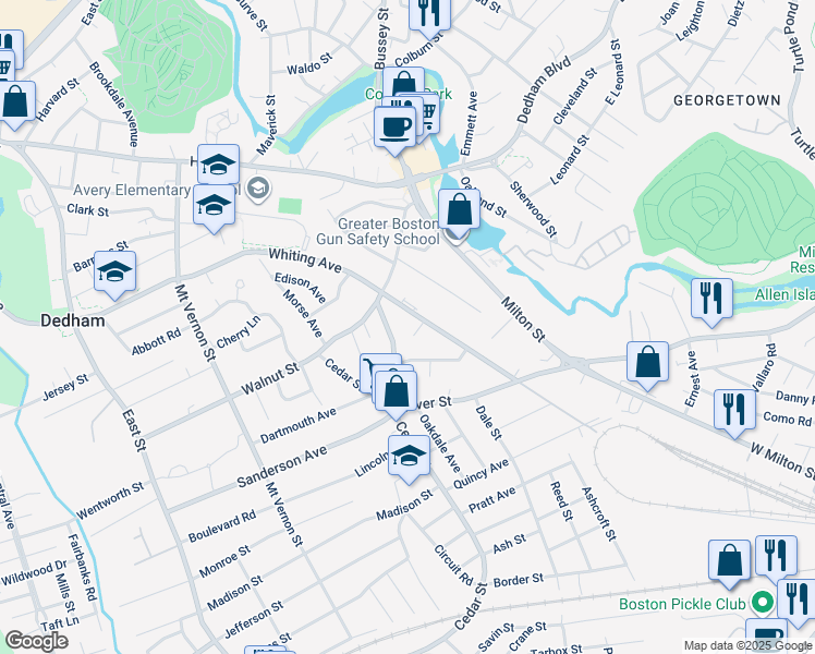 map of restaurants, bars, coffee shops, grocery stores, and more near 1 Business Street in Dedham