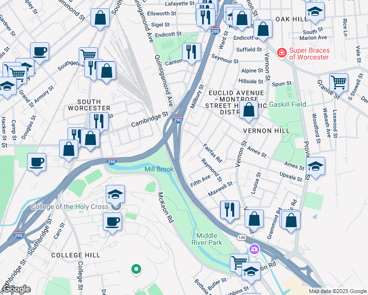 map of restaurants, bars, coffee shops, grocery stores, and more near 212 Perry Avenue in Worcester