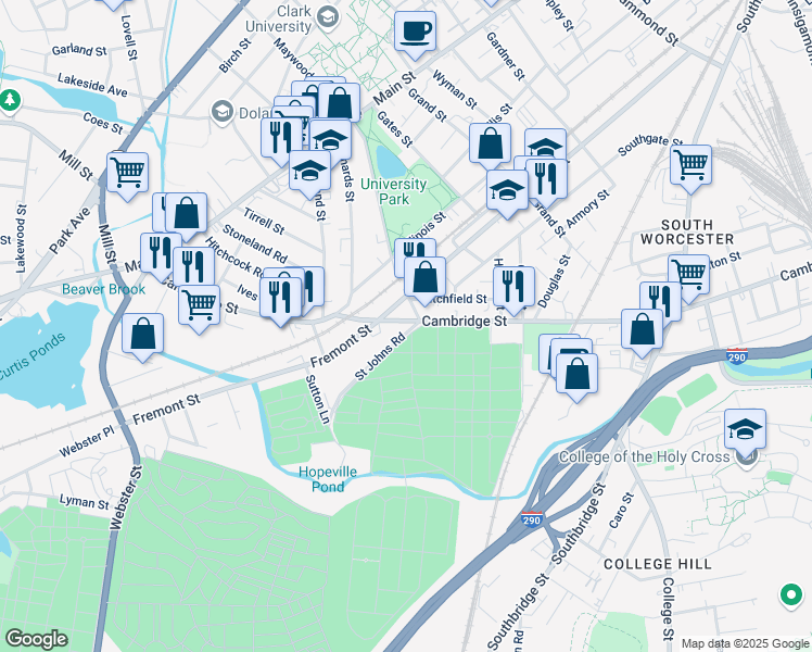 map of restaurants, bars, coffee shops, grocery stores, and more near 5 Saint Johns Road in Worcester