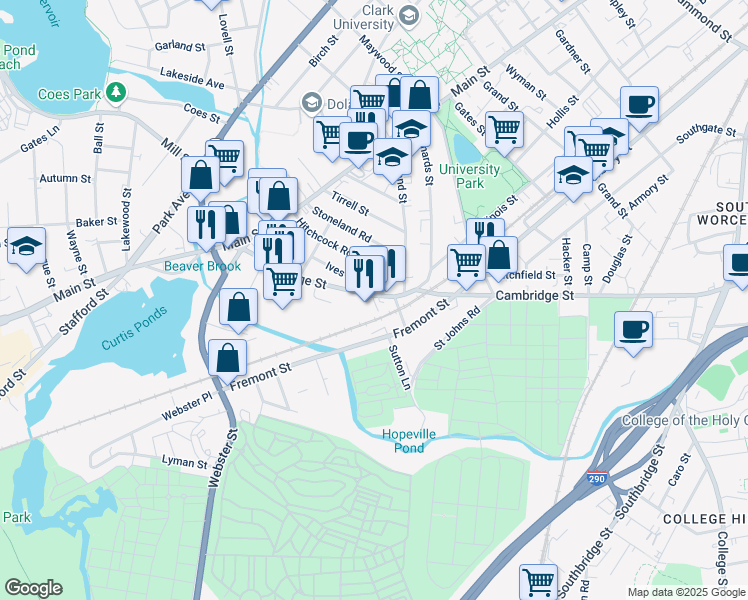 map of restaurants, bars, coffee shops, grocery stores, and more near 1 Saugus Place in Worcester