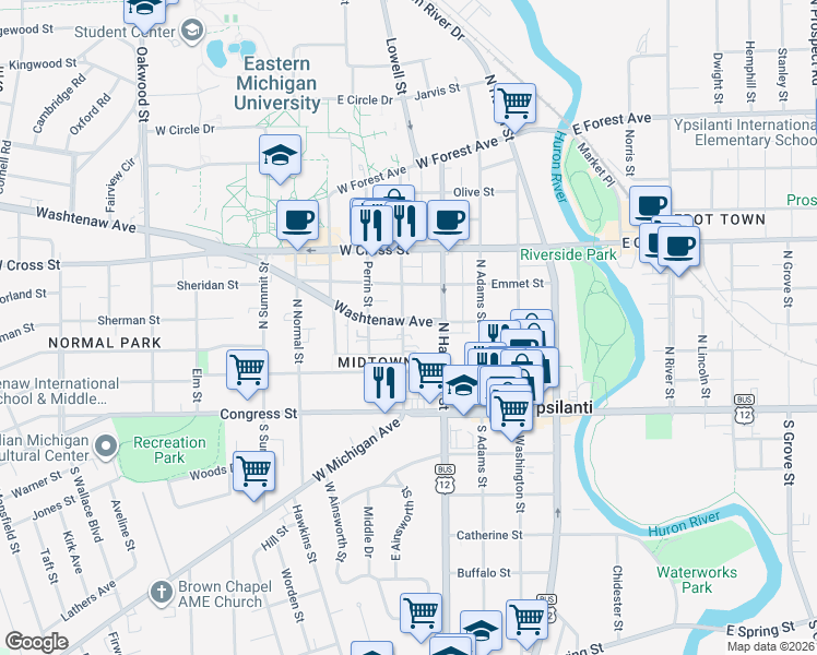 map of restaurants, bars, coffee shops, grocery stores, and more near 419 Washtenaw Avenue in Ypsilanti
