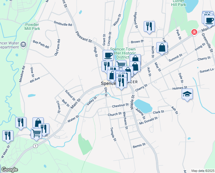 map of restaurants, bars, coffee shops, grocery stores, and more near 16 Wall Street in Spencer