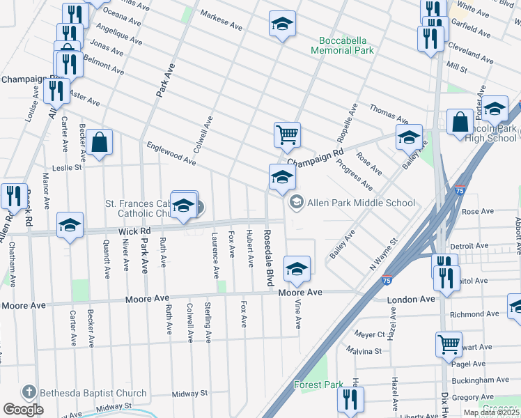 map of restaurants, bars, coffee shops, grocery stores, and more near 14830 Wick Road in Allen Park