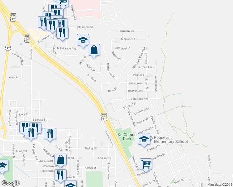 map of restaurants, bars, coffee shops, grocery stores, and more near 1758 North Eldorado Avenue in Klamath Falls