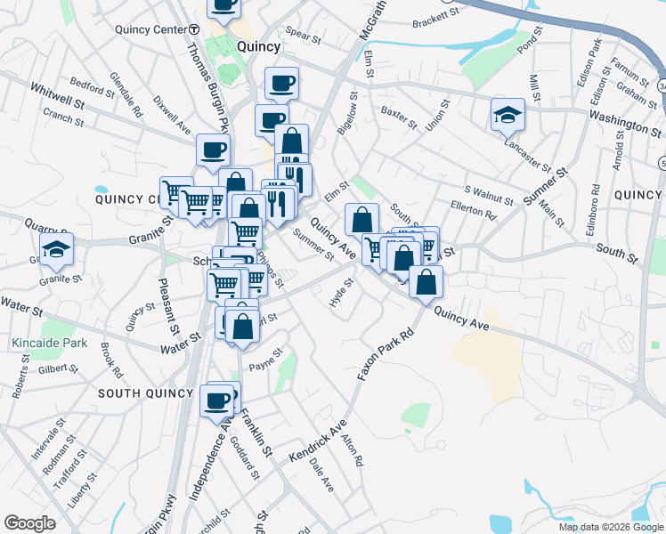 map of restaurants, bars, coffee shops, grocery stores, and more near 41 Water Street in Quincy