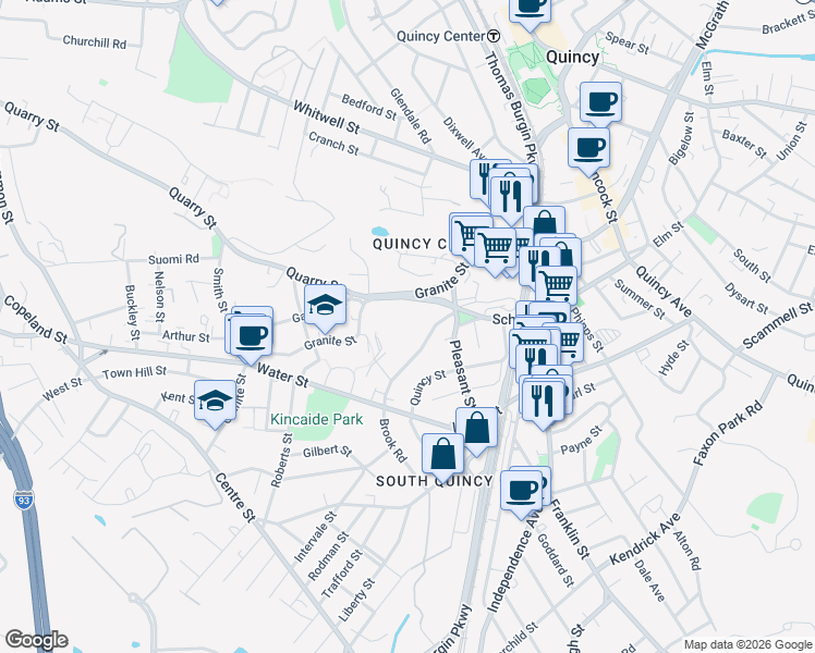 map of restaurants, bars, coffee shops, grocery stores, and more near 43 Brook Road in Quincy