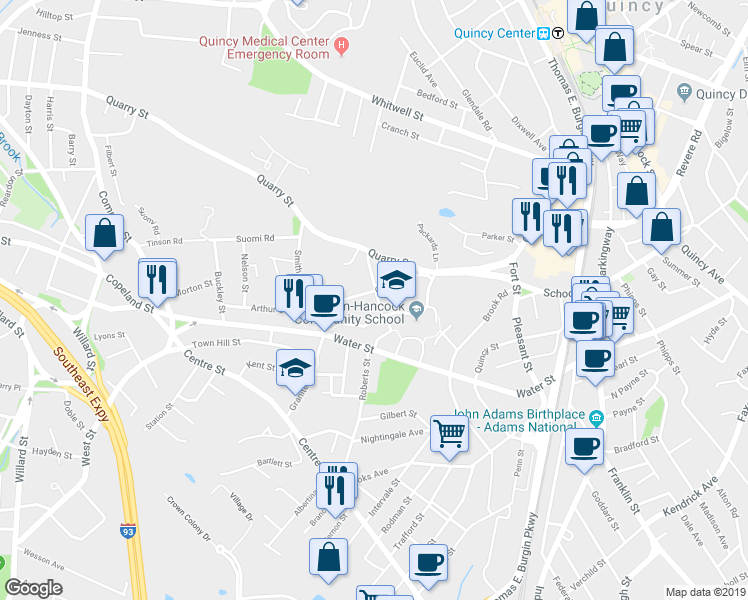map of restaurants, bars, coffee shops, grocery stores, and more near 321 Granite Street in Quincy