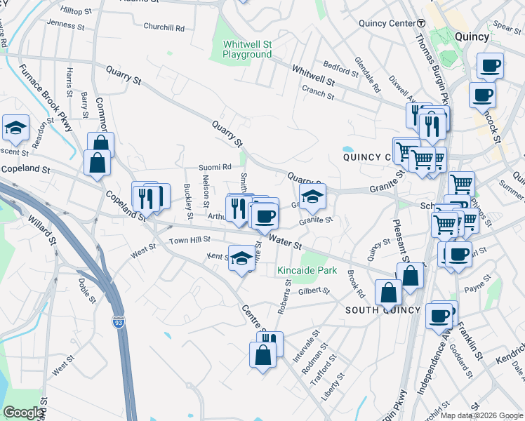 map of restaurants, bars, coffee shops, grocery stores, and more near 357 Granite Street in Quincy