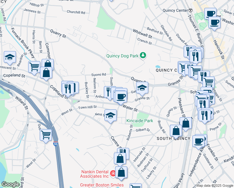 map of restaurants, bars, coffee shops, grocery stores, and more near 10 Arthur Street in Quincy