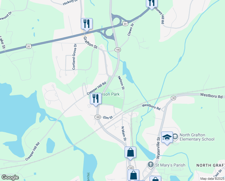 map of restaurants, bars, coffee shops, grocery stores, and more near 6 Prentice Street in Grafton