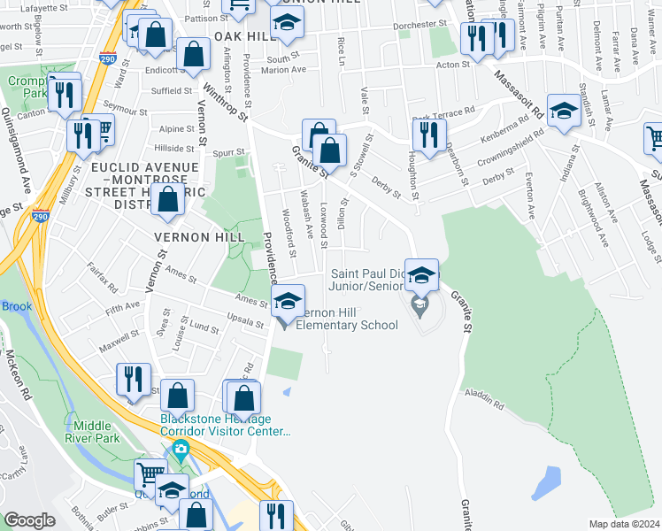 map of restaurants, bars, coffee shops, grocery stores, and more near 79 Loxwood Street in Worcester