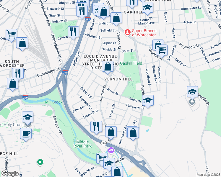 map of restaurants, bars, coffee shops, grocery stores, and more near 10 Ames Street in Worcester