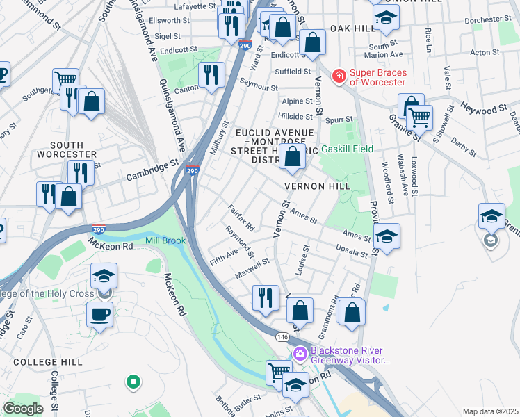 map of restaurants, bars, coffee shops, grocery stores, and more near 35 Fairfax Road in Worcester