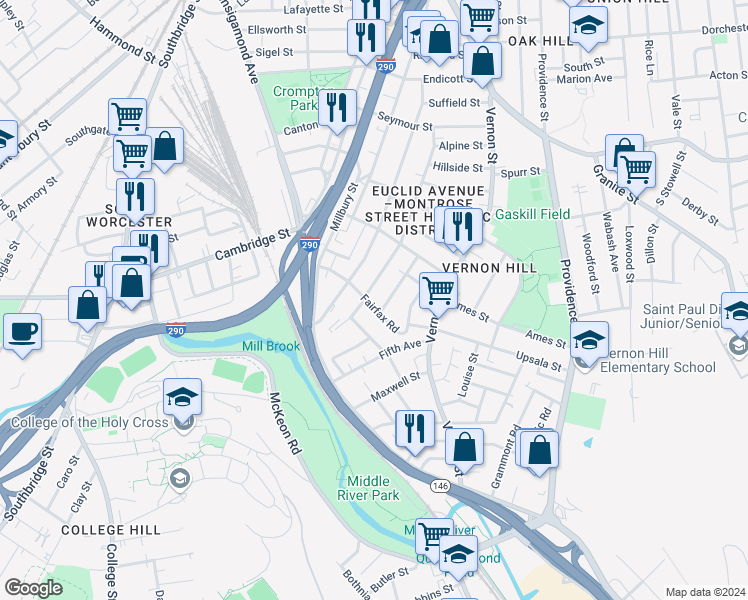 map of restaurants, bars, coffee shops, grocery stores, and more near 3 Raymond Street in Worcester