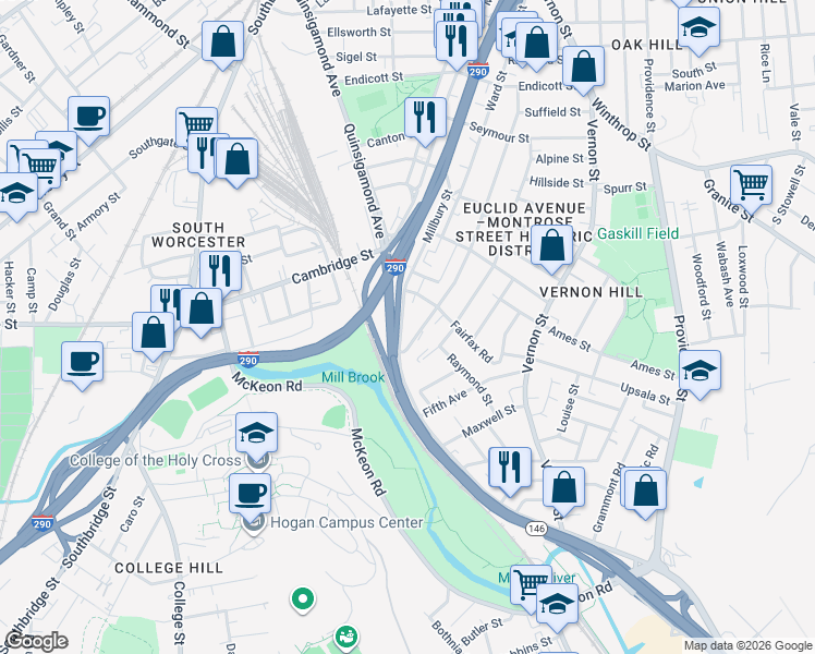 map of restaurants, bars, coffee shops, grocery stores, and more near 212 Perry Avenue in Worcester