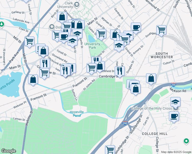 map of restaurants, bars, coffee shops, grocery stores, and more near 5 Saint Johns Road in Worcester