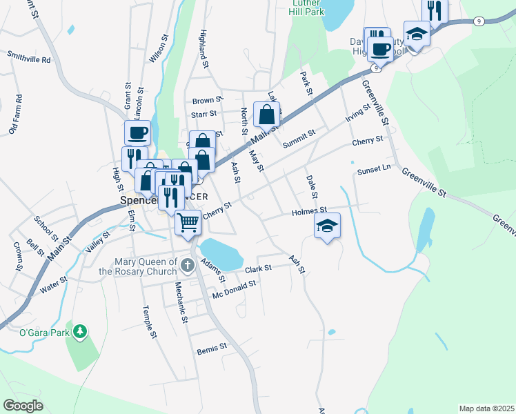map of restaurants, bars, coffee shops, grocery stores, and more near 40 Ash Street in Spencer
