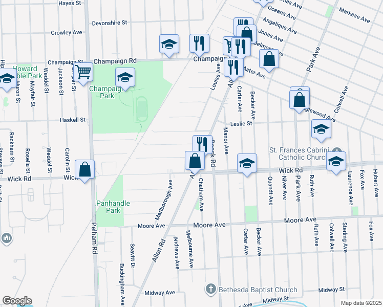 map of restaurants, bars, coffee shops, grocery stores, and more near 9121 Allen Road in Allen Park