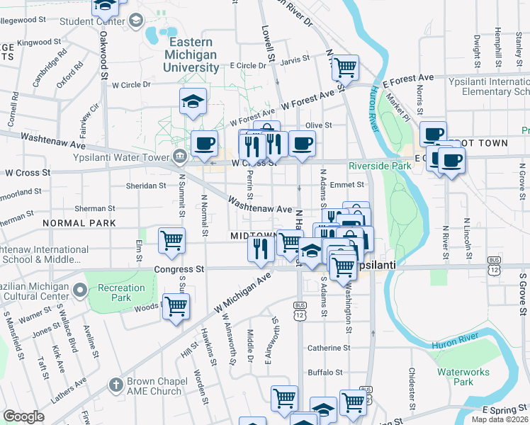 map of restaurants, bars, coffee shops, grocery stores, and more near 118 Ballard Street in Ypsilanti