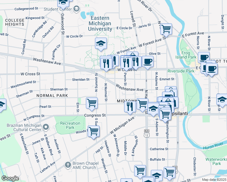 map of restaurants, bars, coffee shops, grocery stores, and more near 121 College Place in Ypsilanti