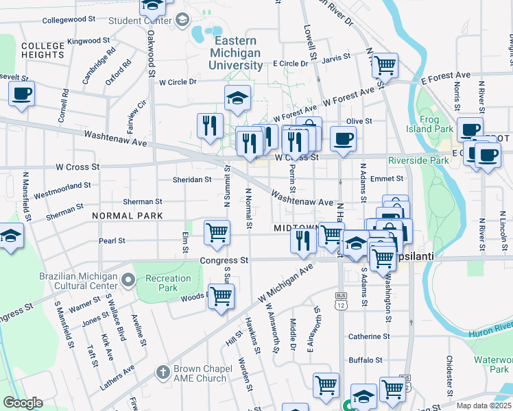 map of restaurants, bars, coffee shops, grocery stores, and more near 115 North Normal Street in Ypsilanti