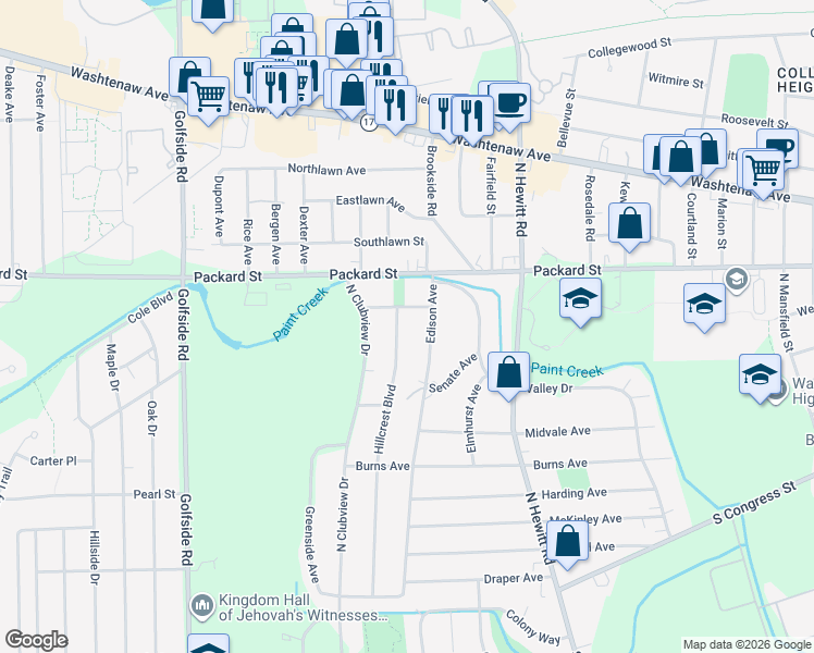 map of restaurants, bars, coffee shops, grocery stores, and more near 344 Hillcrest Boulevard in Ypsilanti